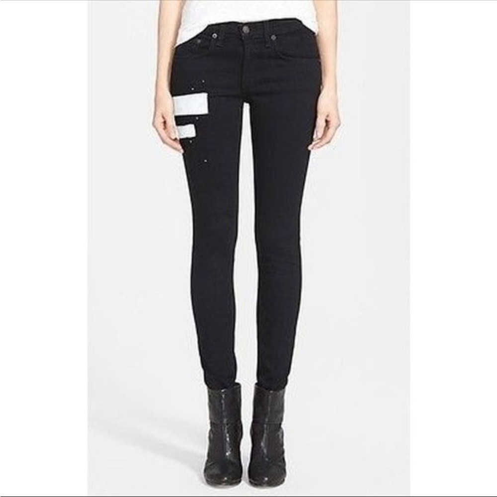 RAG & BONE Women’s Mid Rise Skinny Jean in Coal Block Black with Paint Stripes